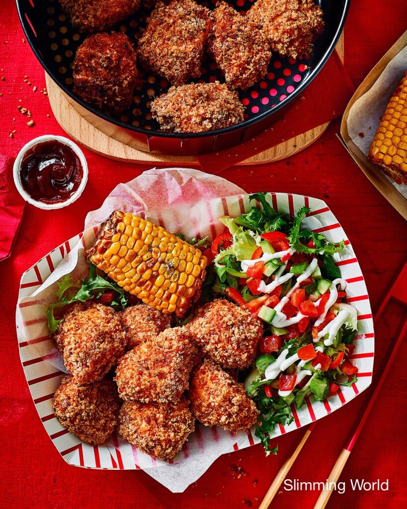 A plate of air-fryed chicken nuggets.