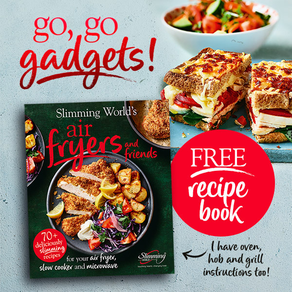 Slimming World air fryer recipe book promotion. Text reads go, go gadgets. free recipe book