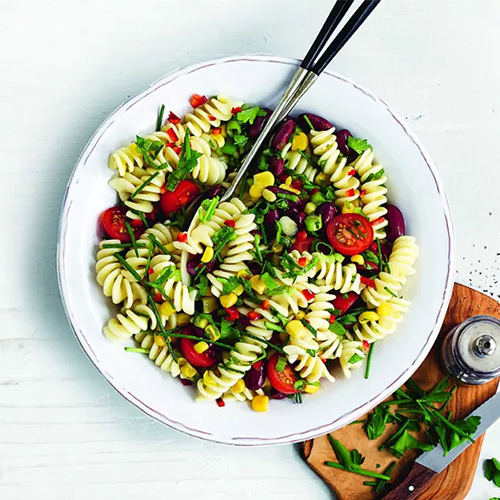 Pasta bean salad in white bowl-slimming world salads-slimming world blog